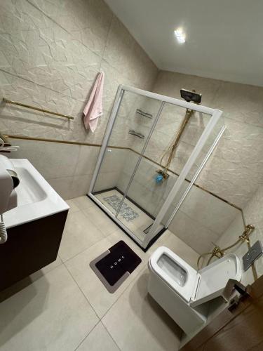 a bathroom with a glass shower and a toilet at A Spacious, Stylish, and Perfectly Located in the heart of Cairo - Two bedroom Condo! in Cairo