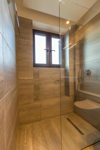 a bathroom with a glass shower and a toilet at Villa Metochi in Skala