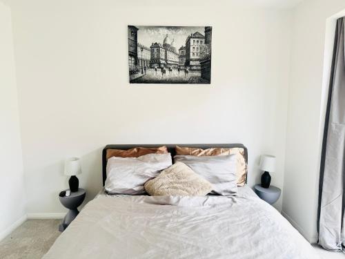 a bedroom with a bed with a picture on the wall at Ansari Palace in Worting