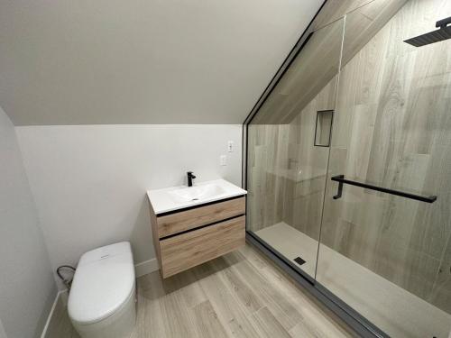 a bathroom with a toilet and a shower and a sink at Opulence Suite-Luxury New Build with Riverview in Montague