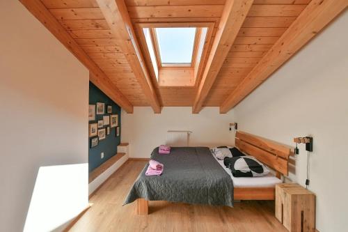 a bedroom with a bed and a skylight at Relax in Korzo Lipno in Lipno nad Vltavou