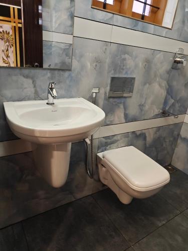 a bathroom with a sink and a toilet at Aman Residency in Thodupuzha