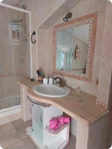 a bathroom with a sink and a mirror at Casa Wendy in Carloforte