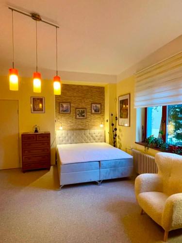 a bedroom with a large bed and a chair at Apartmán Dobrá Naděje in Uherské Hradiště