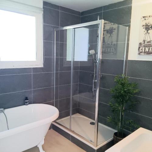 a bathroom with a shower and a tub and a toilet at Pearly Maison Central Ruffec in Ruffec