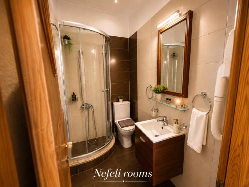 a bathroom with a shower and a toilet and a sink at NEFELI by Evita's Resort in Poros