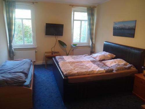 a bedroom with two beds and a tv and two windows at Ferienwohnung Schleich in Starkenberg