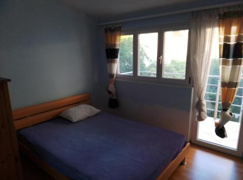 a bedroom with a blue bed and a window at 3 Zimmer Wohnung in Sutomore