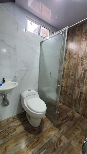a bathroom with a toilet and a shower and a sink at Pachamama House in Bucaramanga