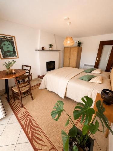 a bedroom with a bed and a table and a fireplace at Cà di Gabriel in Miglieglia