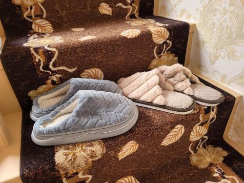 two pairs of shoes are sitting on the stairs at Jázmin Apartman in Debrecen