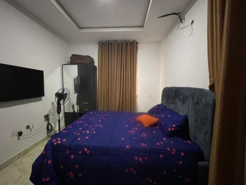 a bedroom with a bed with a blue comforter at Otunba's Crib in Gbogije