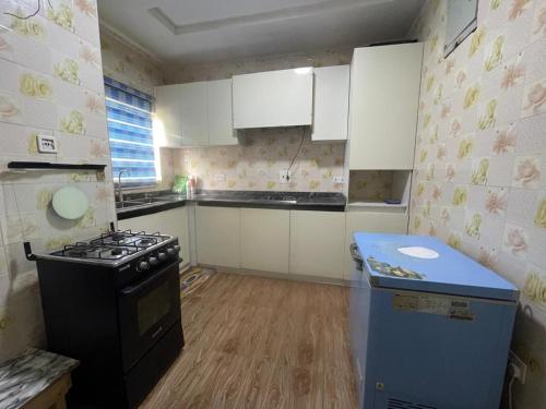 a small kitchen with a stove and a blue counter at Otunba's Crib in Gbogije