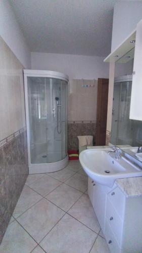 a bathroom with a shower and a sink at A casa di Ely in Aulla