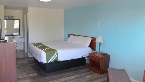 a bedroom with a bed and a table with a lamp at Chippewa Motel Mount Pleasant in Mount Pleasant