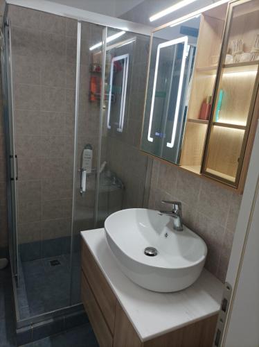 a bathroom with a white sink and a shower at Anemos in Drios