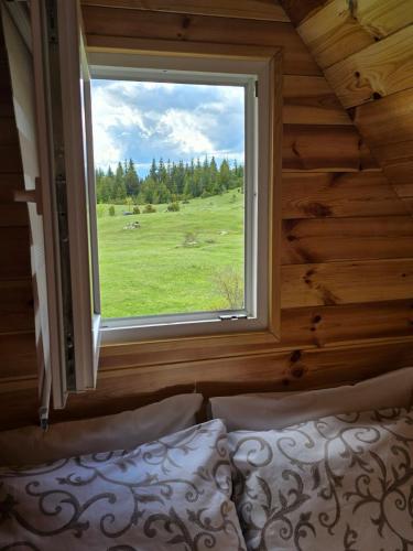 a bedroom with a window in a log cabin at Cottage Martina in Žabljak