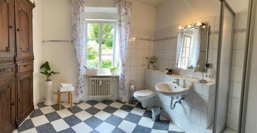 a bathroom with a sink and a toilet and a window at Moselurlaub im Ferienweinhaus Koch in Neumagen-Dhron