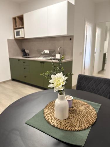 a vase with flowers on a table in a kitchen at Apartments by Resort Čulina in Metajna