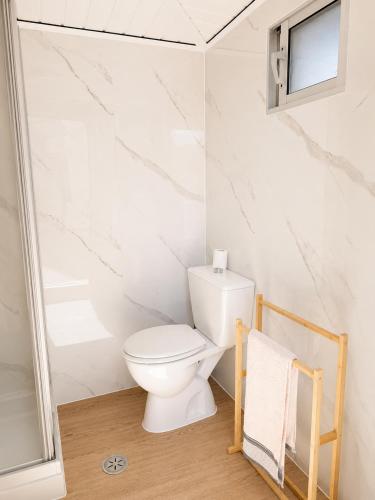a white bathroom with a toilet and a window at Casa do Carballo in Nigrán