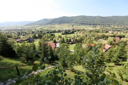 a view from the hill of a village with trees at Pensiunea Hétvezér Panzió in Sub Cetate