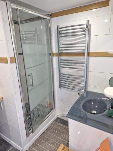 a bathroom with a shower and a sink at Maison en pierre Ardèche du sud in Valgorge