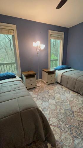 a bedroom with two beds and two windows at Spacious Lakefront in Fayetteville