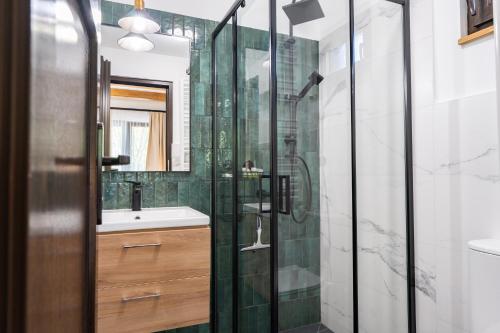 a bathroom with a shower and a sink at Carpatia Retezat in Clopotiva