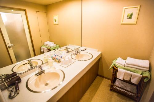 a bathroom with two sinks and a large mirror at HOTEL MYSTAYS Sapporo Aspen in Sapporo