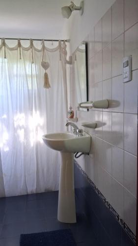 a bathroom with a sink and a shower curtain at la riviere in Alta Gracia
