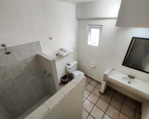 a bathroom with a sink and a toilet and a television at Hotel El Pescador in Puerto Vallarta