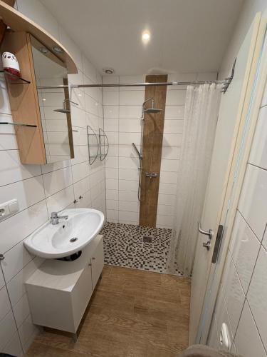 a white bathroom with a shower and a sink at Monteurzimmer\Ferienwohnung in Bad Gandersheim