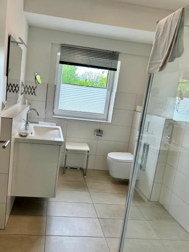 a bathroom with a sink and a toilet and a window at Ferienwohnung Spitze Warte in Rüthen