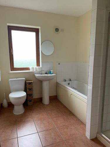 a bathroom with a toilet and a sink and a tub at Breesy Centre Apartment in Donegal
