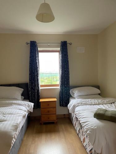 two twin beds in a room with a window at Breesy Centre Apartment in Donegal
