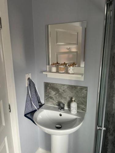 a bathroom with a white sink and a mirror at Old Schoolhouse Coleraine in Coleraine