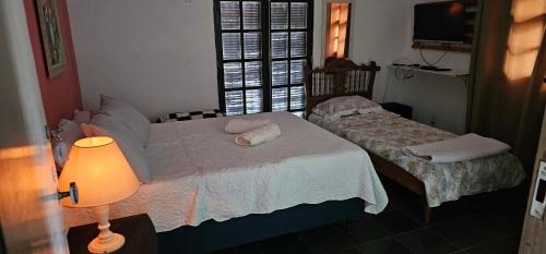 a bedroom with two twin beds and a lamp at Hostel Yellow House MG in Itamonte