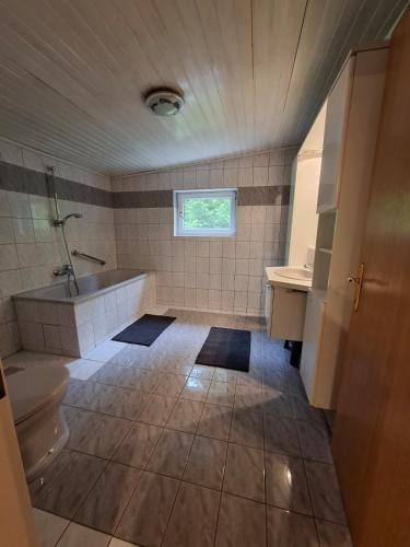 a bathroom with a tub and a toilet and a sink at Cozy Cottage in Nature in Bernstein