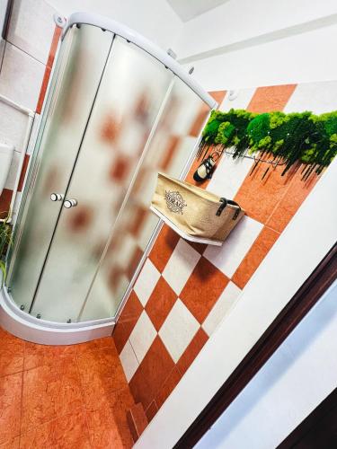 a glass staircase with a pot of plants at Apartament Gossip XOXO in Galaţi