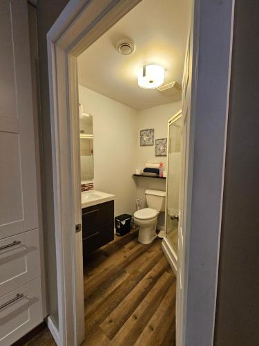 a bathroom with a toilet and a sink at For-Rest Inn and Spa in Bathurst