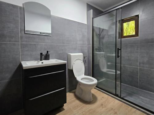 a bathroom with a toilet and a sink and a shower at Secret Sanctuary in Brad