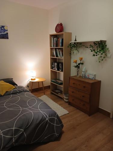 a bedroom with a bed and a book shelf at Sérénité in Corquilleroy