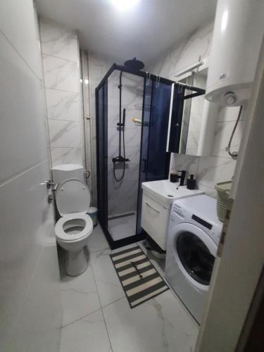 a bathroom with a shower and a toilet and a washing machine at Apartman Nati in Banja Koviljača