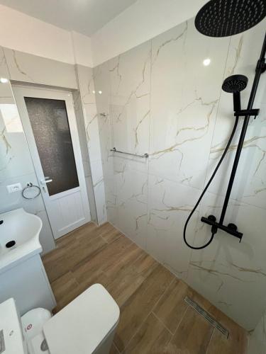 a bathroom with a shower and a toilet and a sink at Cozy Pogradec up in Pogradec