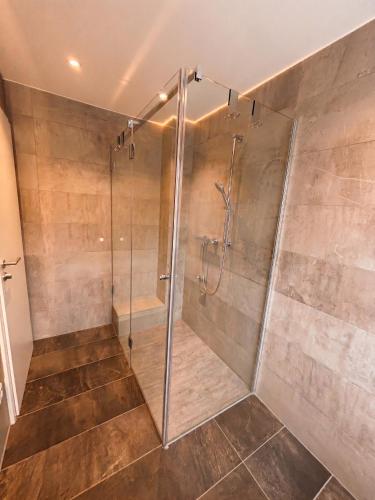 a shower with a glass door in a bathroom at Moderne Ferienwohnung in Jettingen-Scheppach