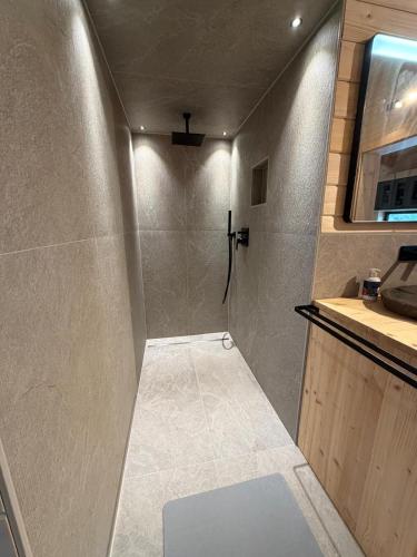 a small bathroom with a shower and a sink at Steinberghaus am Rofan in Steinberg am Rofan
