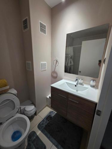 a bathroom with a toilet and a sink and a mirror at Dpto 2D2B Barlovento Brisas del Sol in Talcahuano