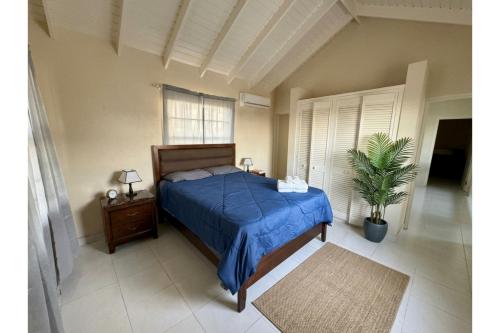 a bedroom with a bed with a blue comforter and a plant at Pink Sands-At Bel Air in Saint Philip