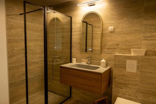 a bathroom with a sink and a glass shower at Le Castelas - Hébergement complet in Aurons