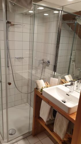 a bathroom with a sink and a shower at Hôtel-Restaurant Mélèze Grimentz in Grimentz